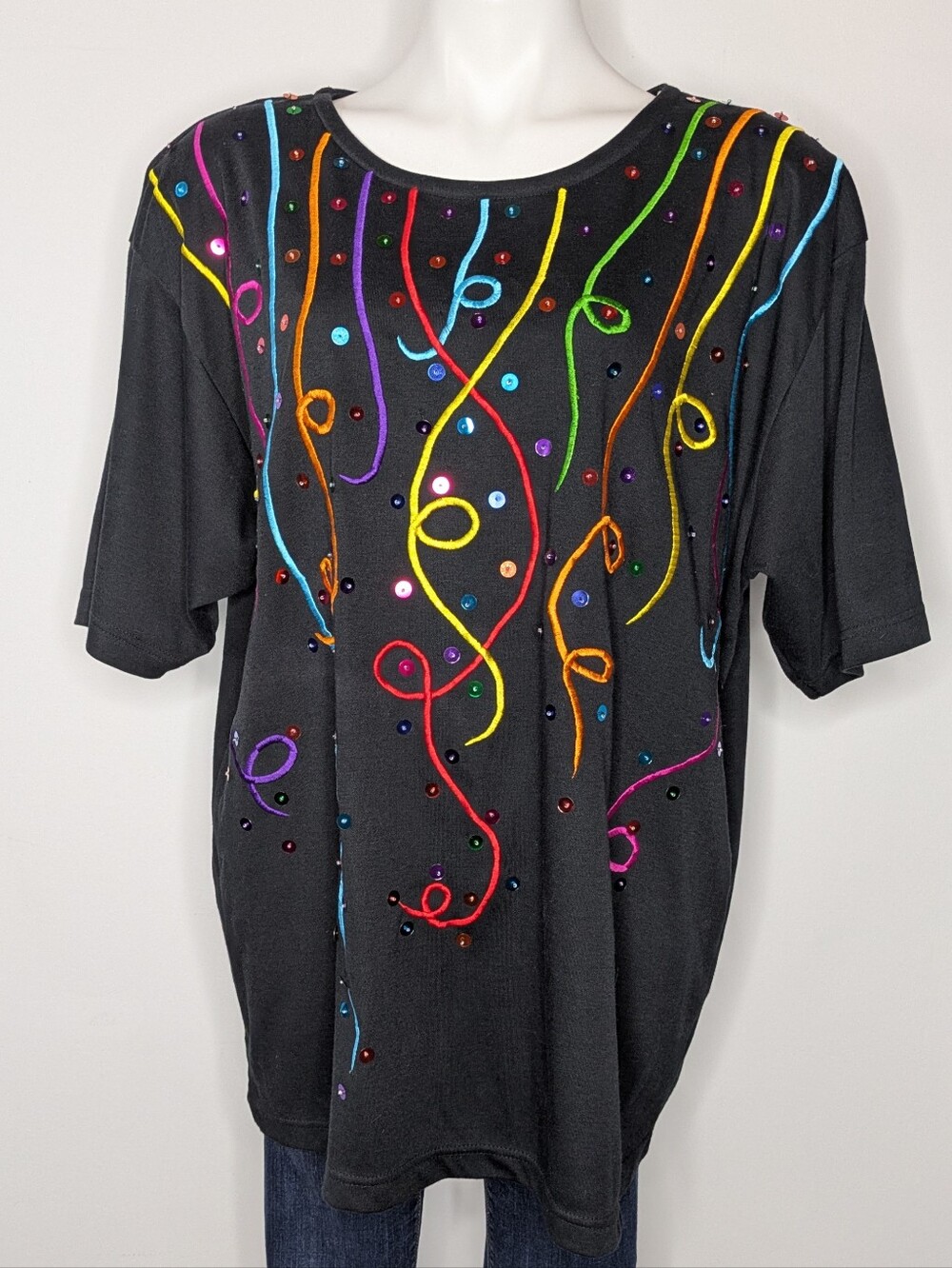 Vintage Colorful Embroidered Streamer Sequin Party Short Sleeve T-shirt 24W